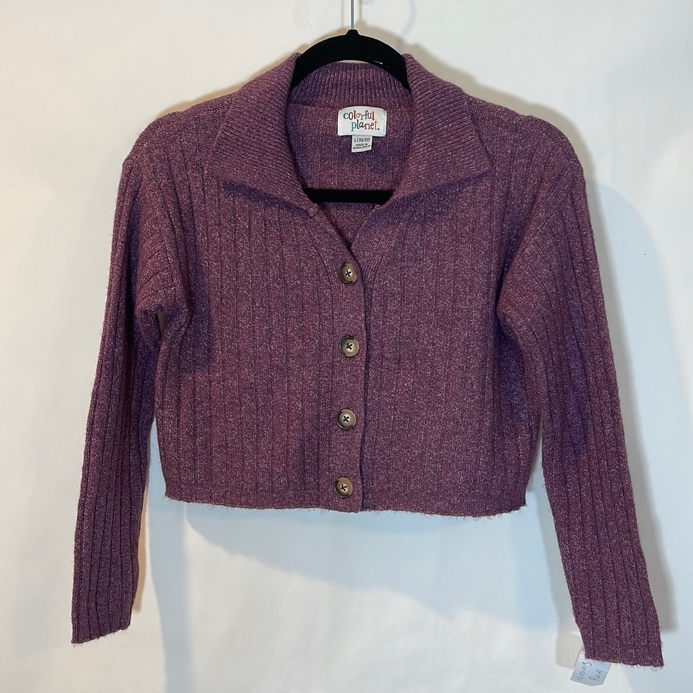 Colorful Planet Girls' Purple Button-Front Ribbed Cardigan
